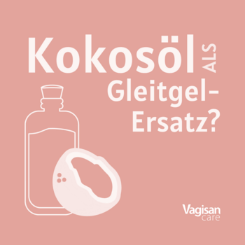 Grafische Darstellung einer halben Kokosnuss und einer Flasche mit Korken als Sinnbild für Kokosöl als Gleitgel-Ersatz